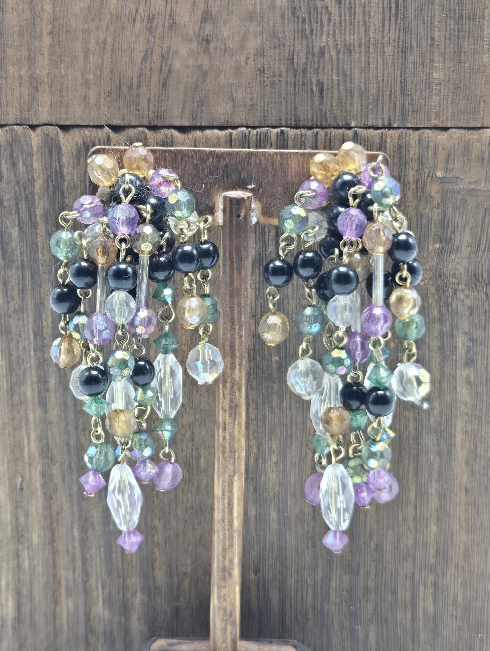 70's Beaded Faceted Earrings Clip-On Multi-Colored Gold Tone Dangle Drop Vintage